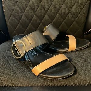 Calvin Klein Black and Tan Two-Strap Sandals
